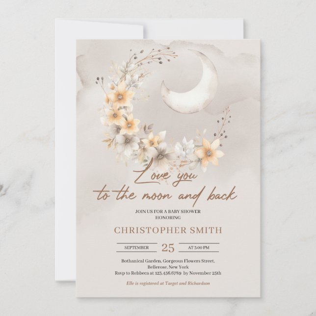 Invitation Boho genre neutre lune florale et dos bébé (Devant)