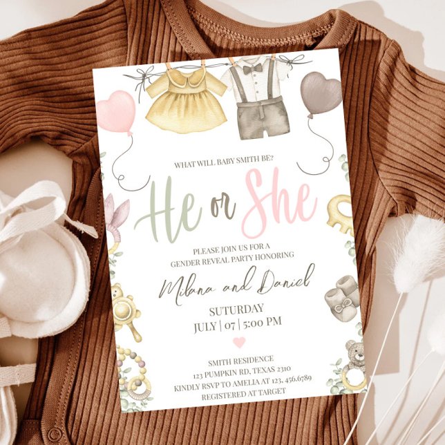 Invitation Boho Genre Révéler Fille Ou Garçon Lui ou Elle (Créateur téléchargé)