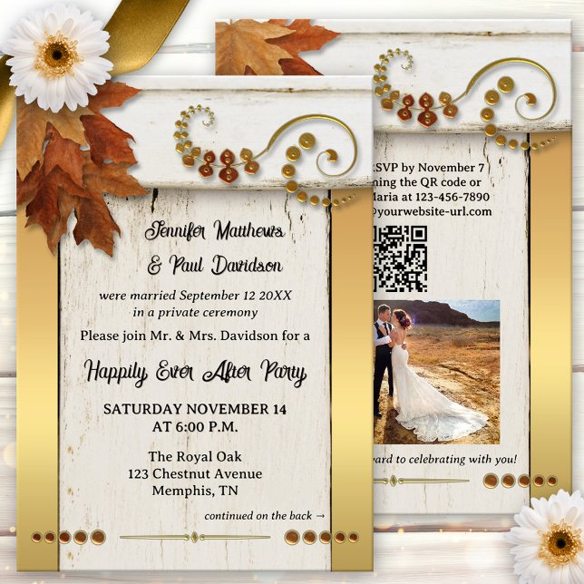 Invitation Boho Gold Fall Leaves Happily Ever After (Boho chic happily ever after wedding party invitation featuring a rustic design with fall leaves)
