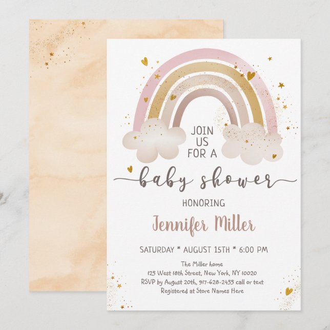 Invitation Boho Gold Rainbow Clouds Baby Shower (Devant / Derrière)