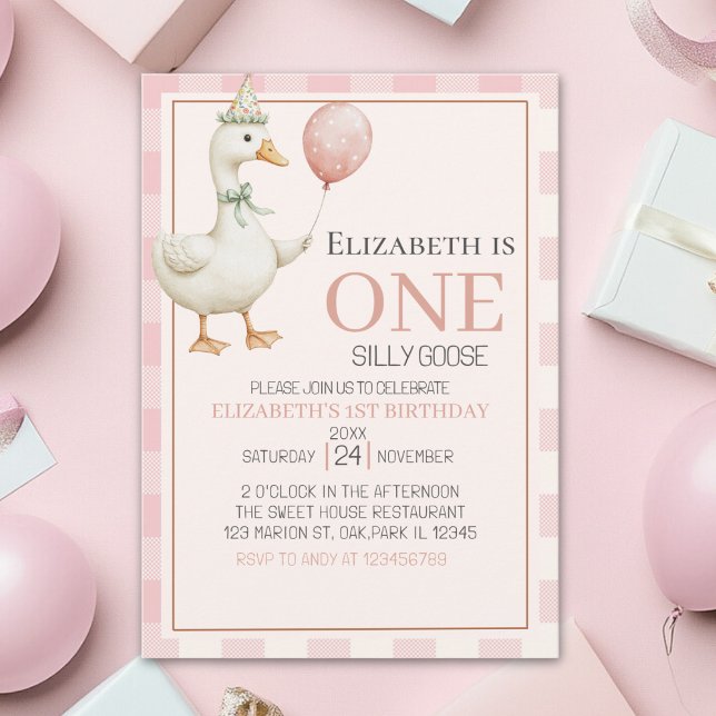 Invitation Boho Goose Birthday 1st for Girl – Pink Tartan  (Créateur téléchargé)