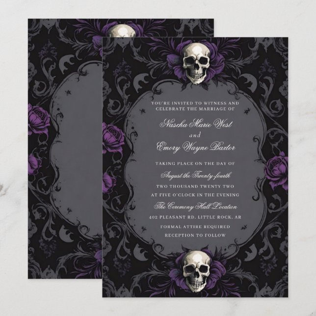 Invitation Boho gothique foncé violet Mariage crâne floral (Devant / Derrière)