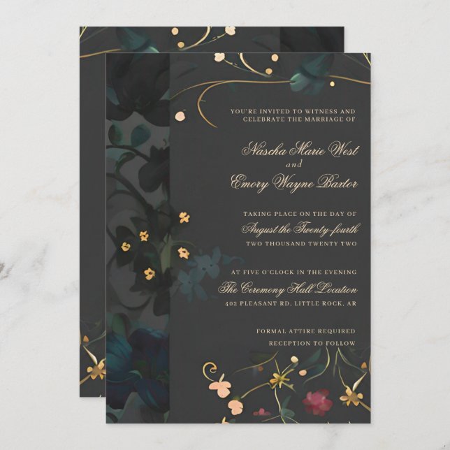 Invitation Boho gothique gris foncé Abstrait Mariage floral I (Devant / Derrière)