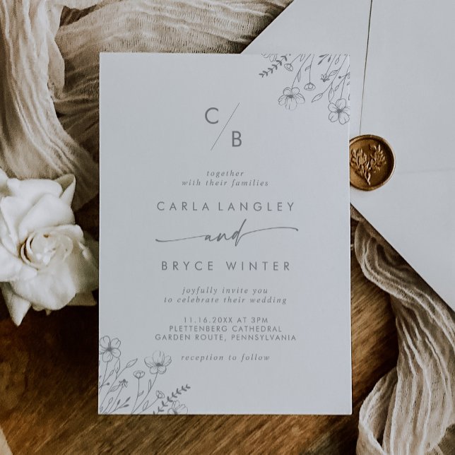 Invitation Boho Gray Calligraphy Wildflower Monogram Wedding (Créateur téléchargé)