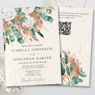Invitation Boho Green Eucalyptus Pampas Grass QR Code Mariage