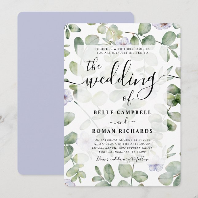 Invitation Boho Green Eucalyptus & Purple Floral Mariage (Devant / Derrière)