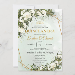 Invitation Boho Green feuillage couronne or Quinceañera