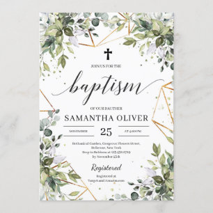 Invitation Boho Green feuillage eucalyptus or baptême