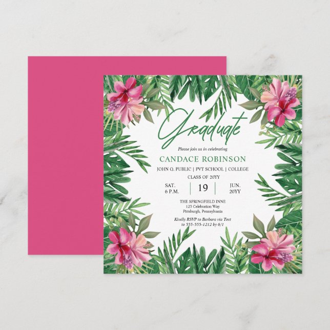 Invitation Boho Green Feuilles | Pink Hibiscus Graduus Party (Devant / Derrière)