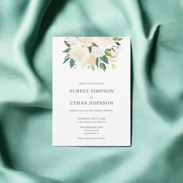 Invitation Boho Green Fleurs blanches Mariage botanique (Créateur téléchargé)