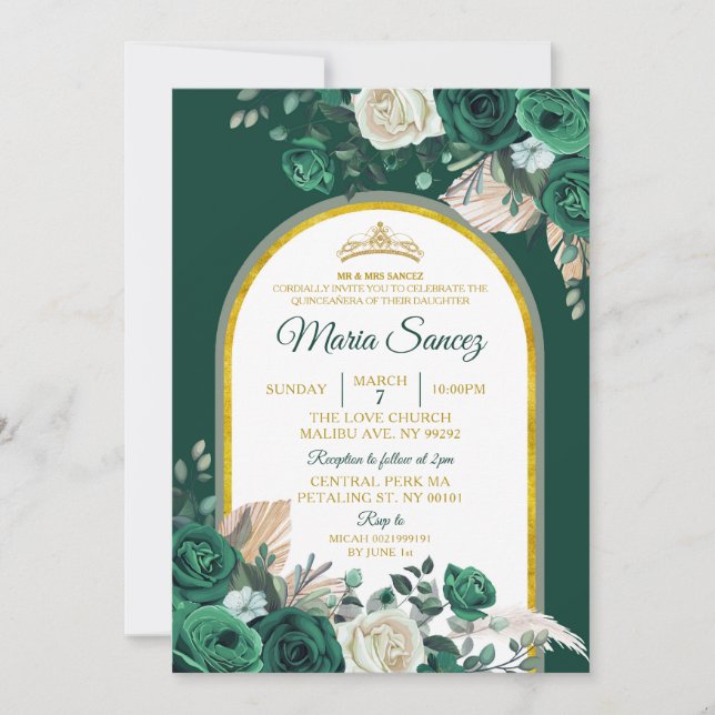 Invitation Boho Green Gold Floral Mexicain Quinceañera (Devant)