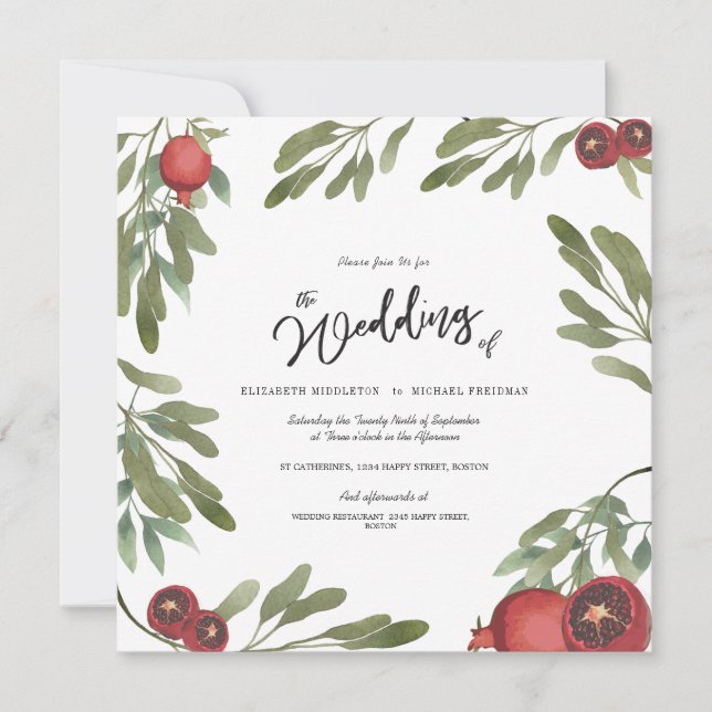 Invitation Boho Green Pomegranate Feuille Moderne Botanique (Devant)