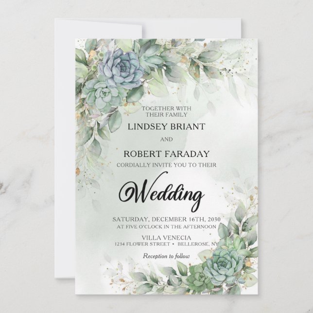 Invitation Boho Green succulents et aquarelle d'eucalyptus (Devant)