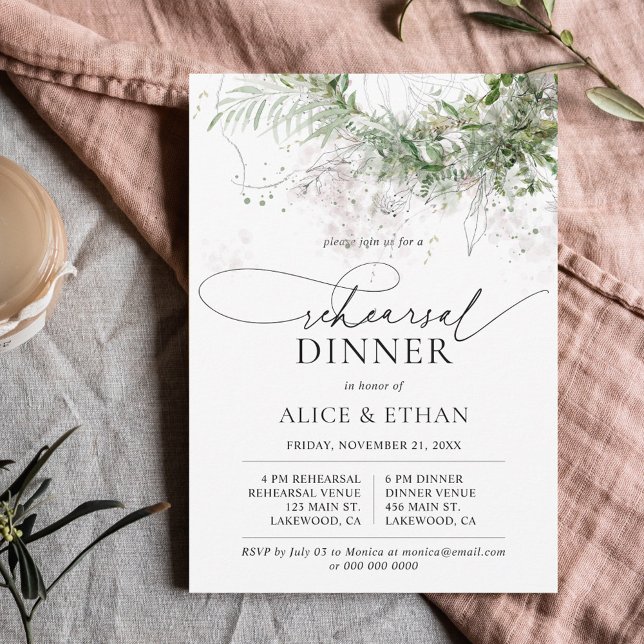 Invitation Boho Greenery Feuille Script de répétition dîner (Créateur téléchargé)