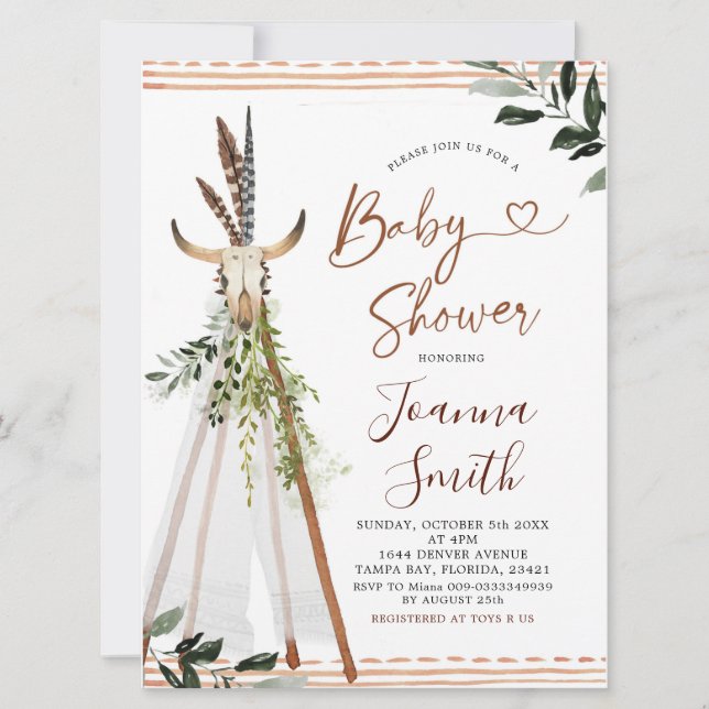 Invitation Boho Grenerie Animal Crâne Teepee Baby shower (Devant)
