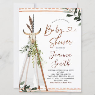 Invitation Boho Grenerie Animal Crâne Teepee Baby shower
