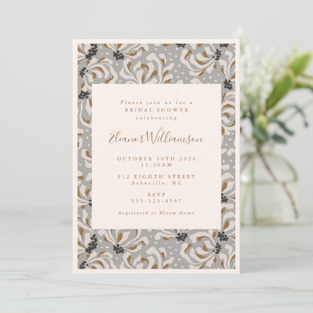 Invitation Boho Grey Botanical Moderne Fête des mariées uniqu (Debout devant)