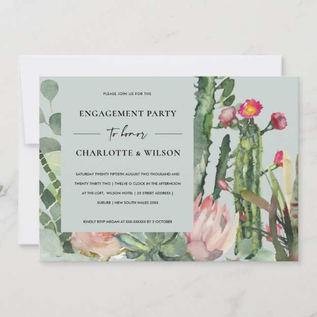 INVITATION BOHO GRIS ROSE FLORAL CACTUS FIANÇAILLES DE FOLIAG (Devant)