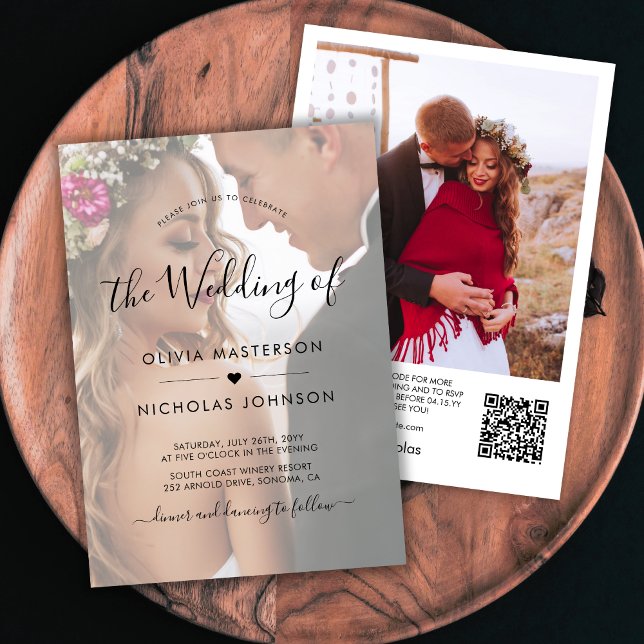 Invitation Boho Heart Script Photo Overlay QR Code Mariage (Créateur téléchargé)