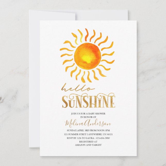 Invitation Boho Hello Sunshine watercolor baby shower (Devant)