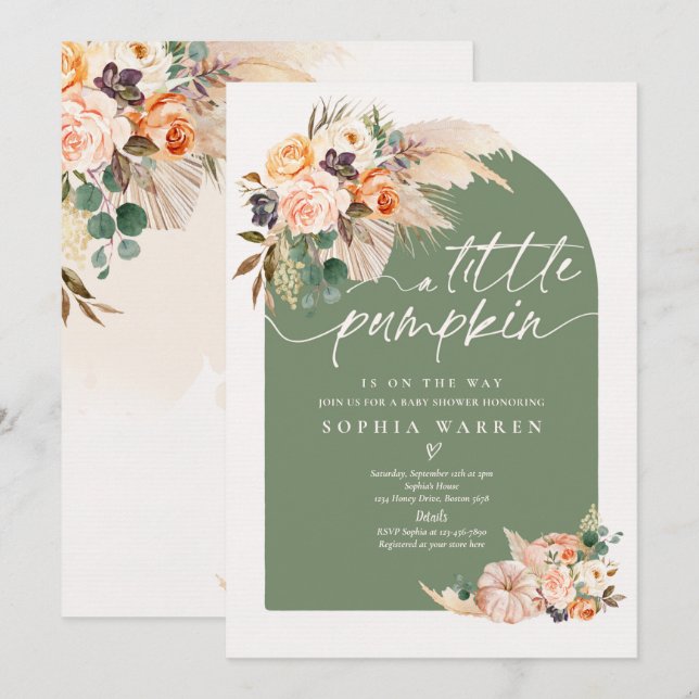 Invitation Boho Herbe de Pampas Citrouille Baby Shower Vert S (Devant / Derrière)
