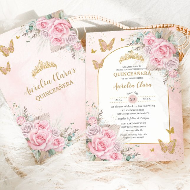 Invitation Boho Herbe de Pampas Roses Roses Fleur Quinceañera (Créateur téléchargé)
