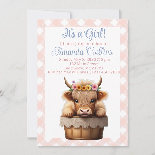 Invitation Boho Highland vache baby shower fleuri rustique (Devant)