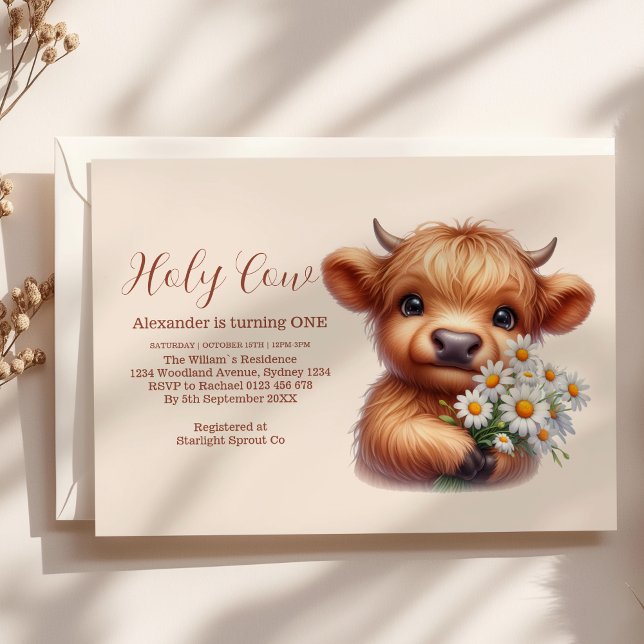 Invitation Boho Holy Cow Highland Cow 1er anniversaire (Créateur téléchargé)