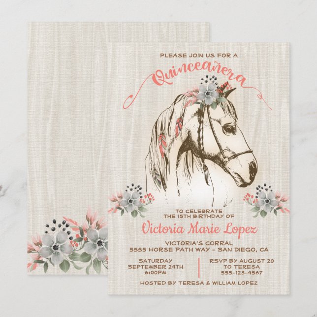 Invitation Boho Horse Cowgirl Quinceañera 15e anniversaire (Devant / Derrière)