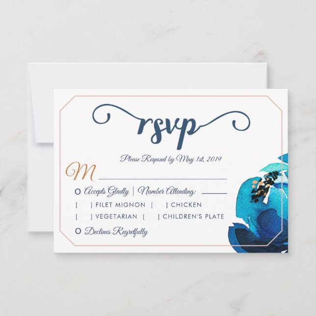 Invitation Boho Indigo Aquarelle Cuivre Mariage Floral RSVP (Devant)