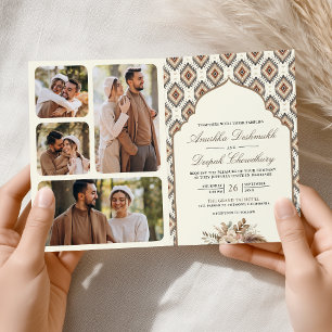Invitation Boho Ivoire Beige Ikat Collage Photo Mariage Indie