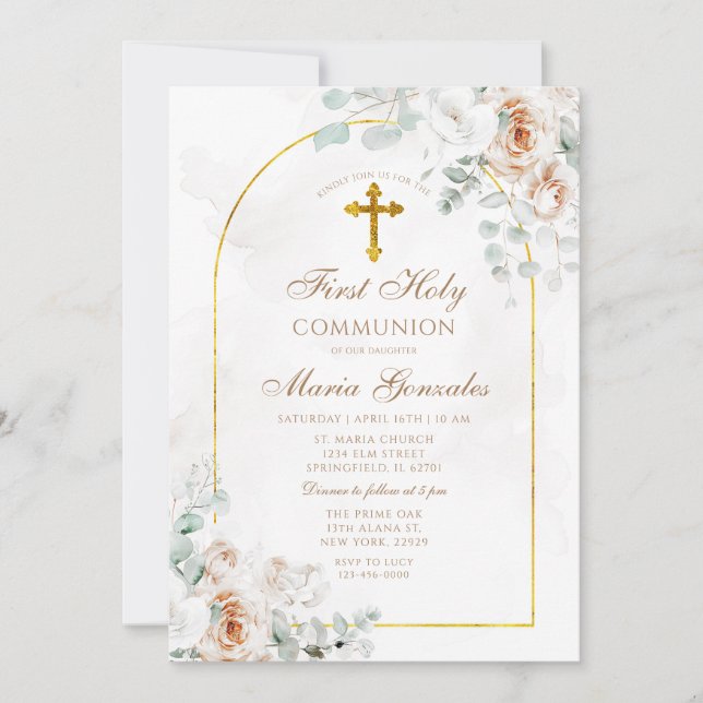 Invitation Boho Ivory White Floral Gold First Holy Communion (Devant)