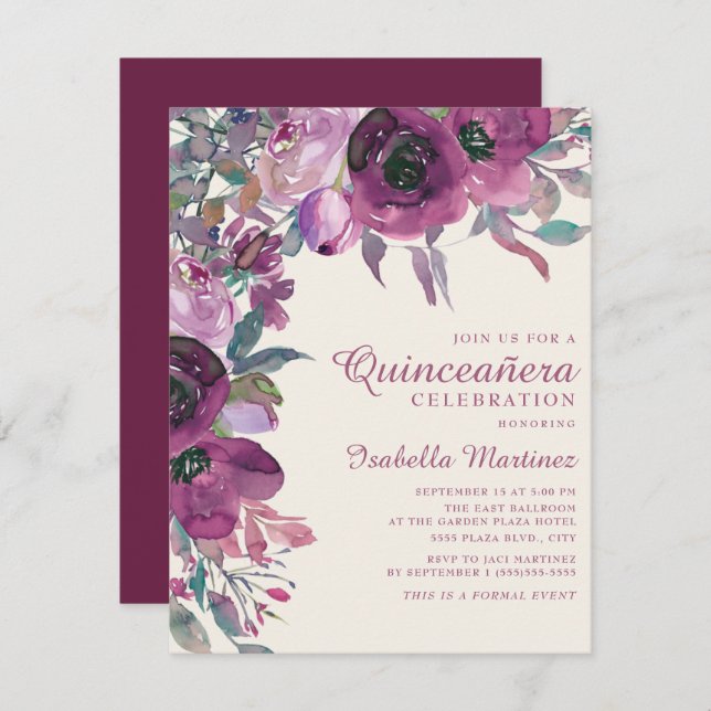 Invitation Boho Jardin violet Lilac Script Floral Quinceañera (Devant / Derrière)