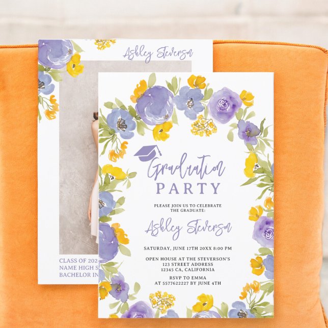 Invitation Boho jaune violet jardin fleuri graduation (Boho purple yellow garden floral graduation invitation)