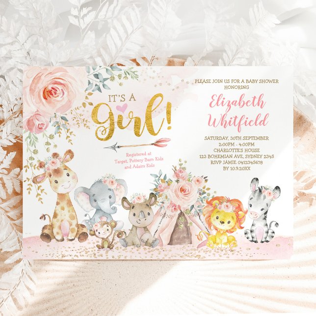 Invitation Boho Jungle Safari Blush Floral Girl Baby shower (Créateur téléchargé)