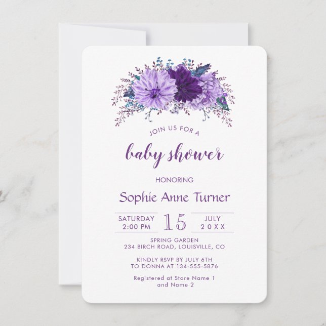 Invitation Boho Lavender Plum Floral Purple Baby shower (Devant)