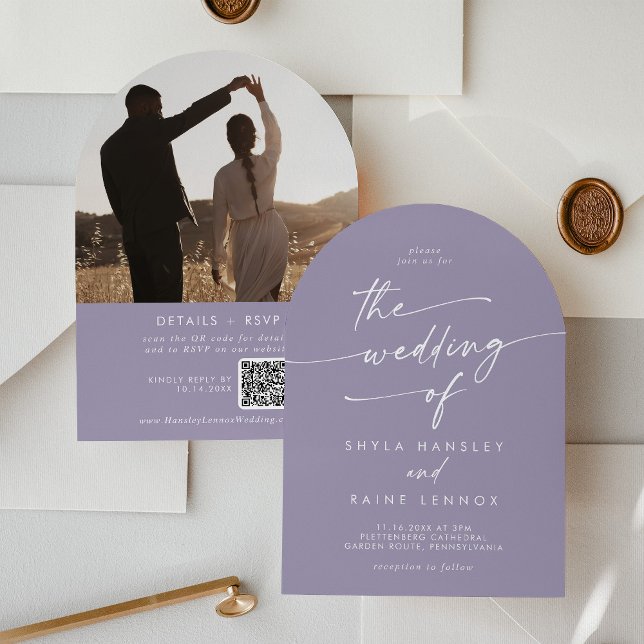Invitation Boho Lavender Purple Photo QR Code Arch Mariage (Créateur téléchargé)