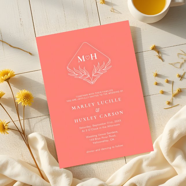 Invitation Boho Leaf Monogram Coral Rose Mariage (Créateur téléchargé)