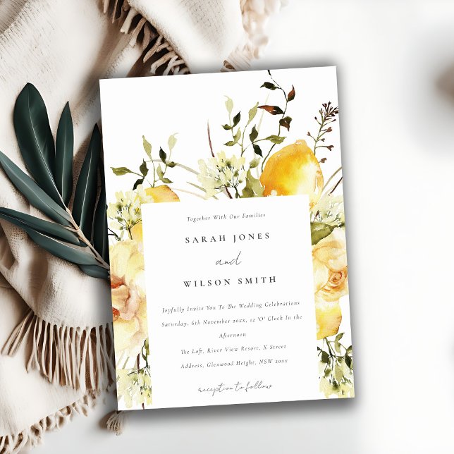 Invitation Boho Lemon Aquarelle jaune Mariage floral (Créateur téléchargé)