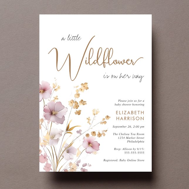 Invitation Boho Little Fleur sauvage Aquarelle bébé fille dou (Créateur téléchargé)