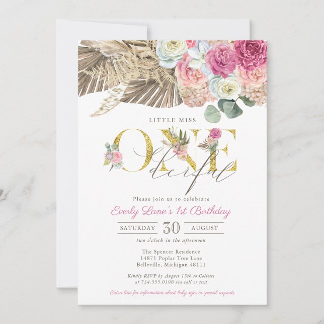 Invitation Boho Little Miss ONE derful Floral 1er Anniversair (Devant)