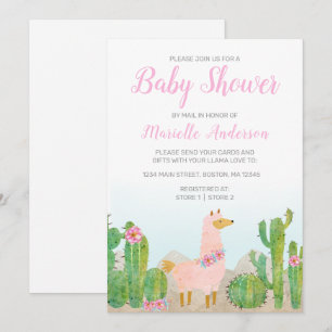 Invitation Boho Llama Baby shower d'aquarelle rose par courri