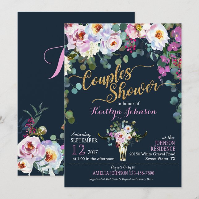Invitation Boho Longhorn Cow Crâne Floral Fête de l'mariée (Devant / Derrière)
