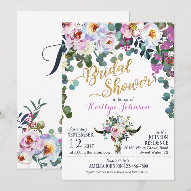 Invitation Boho Longhorn Crâne de vache Fête des mariées flor (Devant / Derrière)