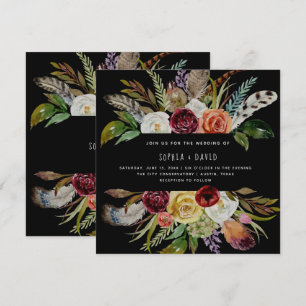 Invitation Boho Mariage Bourgogne et fleurs orange sur noir