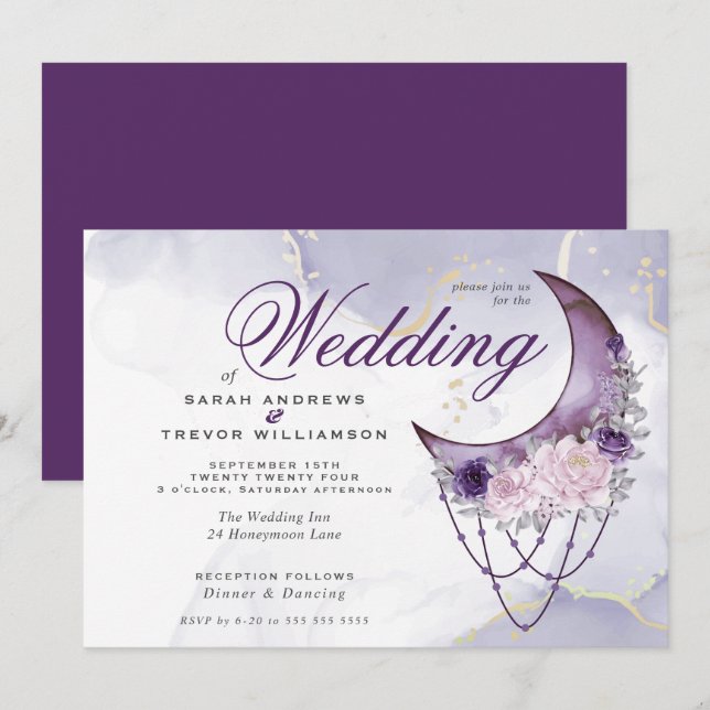 Invitation Boho Mariage Esoterst Amethyst Crescent Moon (Devant / Derrière)