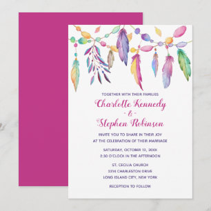 Invitation Boho Mariage Purple Feather Amérindien