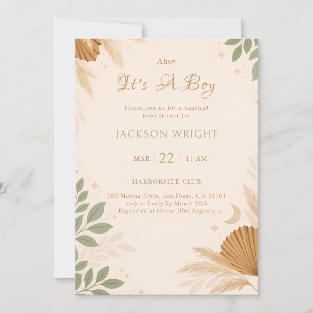 Invitation Boho Marin Pampas Sauge Eucalyptus C'est un garçon (Devant)
