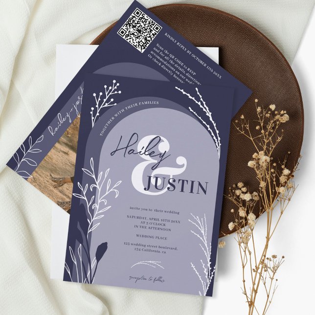 Invitation Boho marine bleu photo noms script arch mariage (Créateur téléchargé)