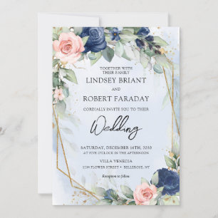 Invitation Boho marine et cadre doré roux et eucalyptus